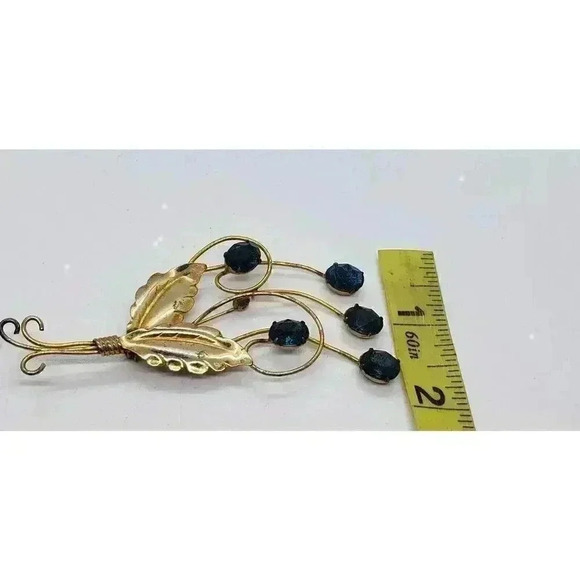 Vtg Brooch 12k Gold plate 925 Sterling Silver Blue Rhinestone Flower - Picture 8 of 9